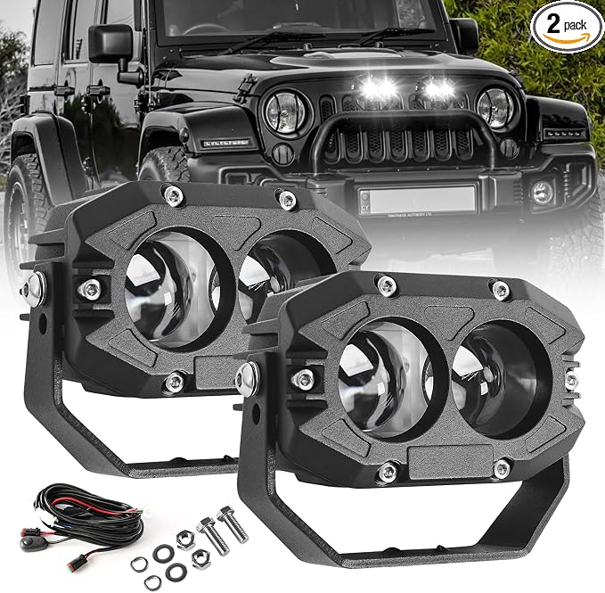 BraveWAY 4 Inch 80W LED Pod Offroad Driving Light 9600LM Super Bright with Harness White Spot Beam Waterproof Off Road Flood Light for Truck Pickup Ram Motorcycle SUV ATV UTV Pack of 2