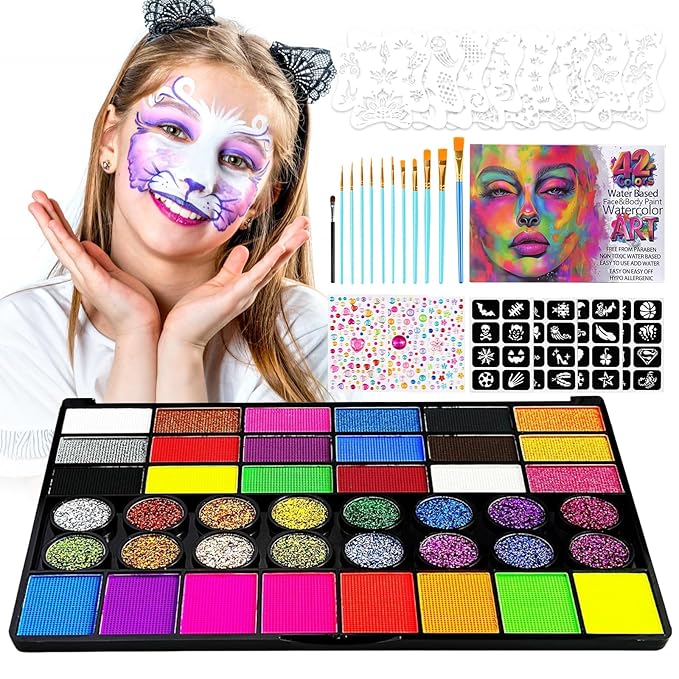 42 Colors Face Painting Kit for Kids，Non-Toxic Water Face Painting Palette Kit Professional whit Brushes，Stencils，Gems，sponges，Book&Glitters.Carnival，Halloween，Cosplay，Party； for Kids Makeup Artist