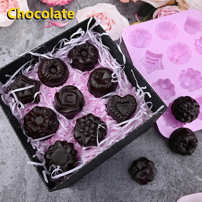 Sakolla 3 Pack Flower Soap Molds, 12 Cavities Different Shapes Silicone Molds for Soap, Lotion Bar, Bath Bombs, Chocolate, Candy