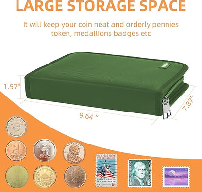 Coin Collection Book for Collector,260 Pockets Fireproof Coin Collection Holder Album,Coin Collection Organizer Storage Box Case Album for 20/25/ 27/30/ 38mm Coins,Green