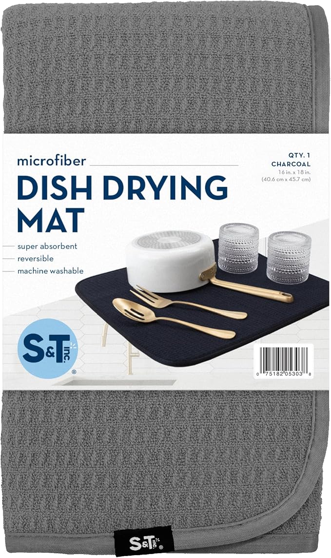S&T INC. Dish Drying Mat 2 Pack, 16” x 18”, Absorbent Microfiber Kitchen