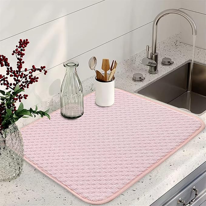 Pink Dish Drying Mats for Kitchen Counter, 2 Pack Dish Drying Mat Drying Pad