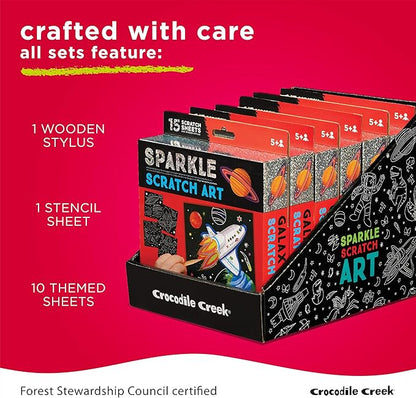 Crocodile Creek Dinosaurs Sparkle Scratch Art for Kids - 16-Sheet Scratch Art Set with 10 Themed Sheets, 5 Blank Sheets, Stencil, and Stylus - Thoughtful Stocking Stuffer, Gifts, Art Supplies for Kids