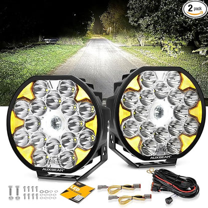 Auxbeam 8.5in Round LED Offroad Lights with White DRL & Amber Turn Signal 220W 25200LM LED Driving Light Spot Beam Spotlights Light Pods for Truck ATV Jeep, 2 Years Warranty