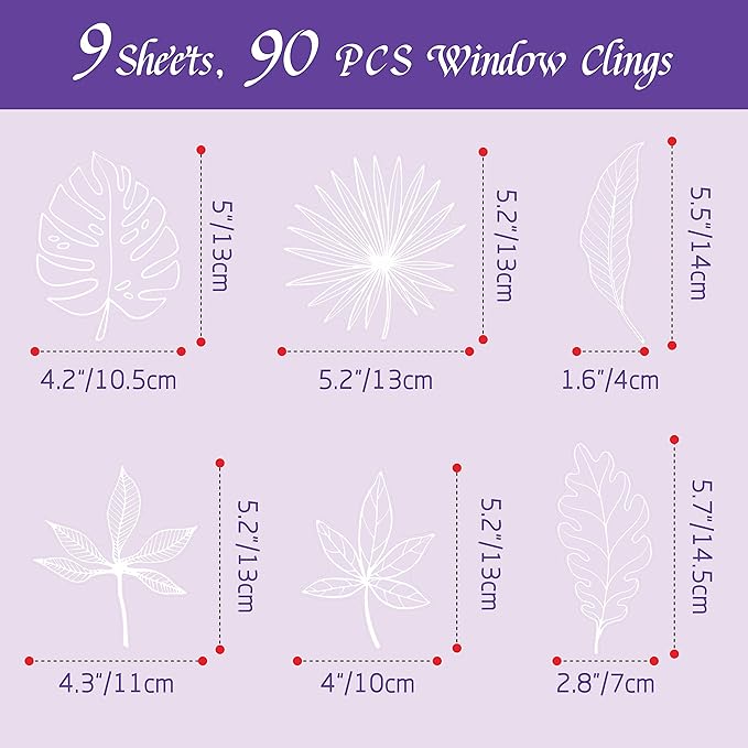 90 PCS Leaf Window Clings - Double Sided White Leaves Stickers - 90 Designs - Reusable Window Decals - Static Clings - Bird Alert - Prevent Bird Strikes