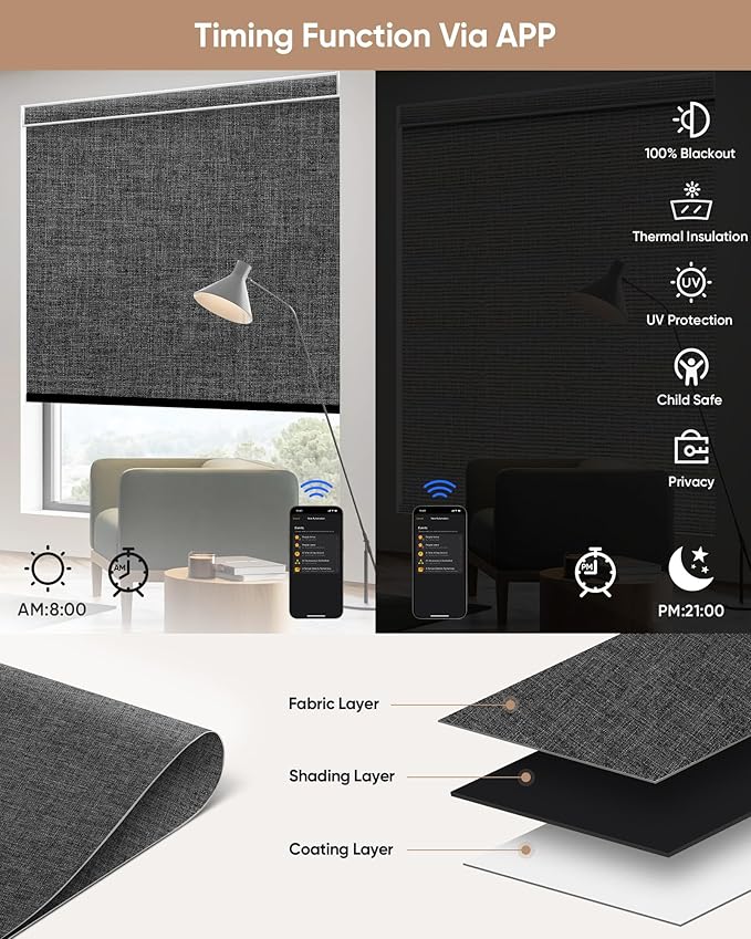Kincmo Motorized Blinds with Remote, 100% Blackout Motorized Roller Shades Work