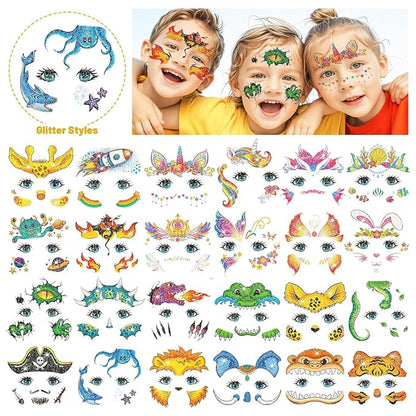 Partywind Glitter Temporary Face Tattoos for Kids, 24 Styles Face Stickers for Face Painting, Waterproof Fake Tattoo Stickers for Kids Makeup, Birthday Party Favors Supplies Goodie Bag Stuffers