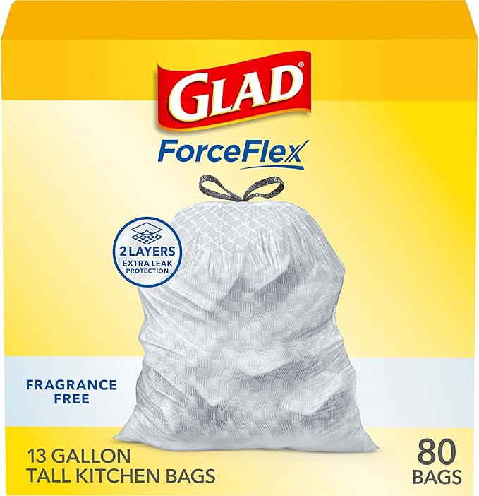 Glad ForceFlex Tall Kitchen Drawstring Trash Bags, 13 Gal, Fragrance Free