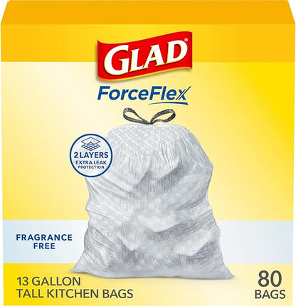 Glad ForceFlex Tall Kitchen Drawstring Trash Bags, 13 Gal, Fragrance Free