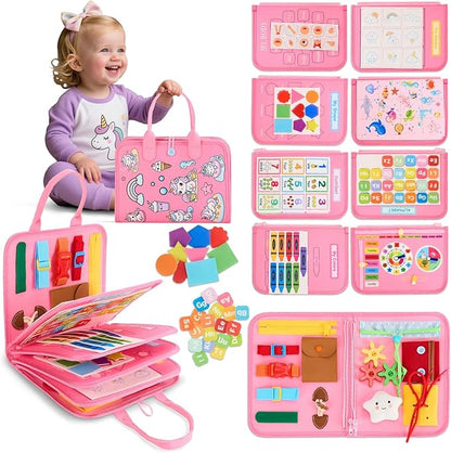 Toddler Busy Board Montessori Toys, Sensory Toys for 1 2 3 4 Year Old Girl, Busy Book Travel Educational Activities for Learning Fine Motor Skills Birthday Gifts (Pink Unicorn/P10)