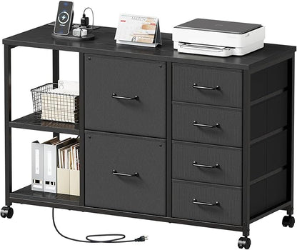 6 Drawer File Cabinet with Charging Station Rolling Printer Stand with Open