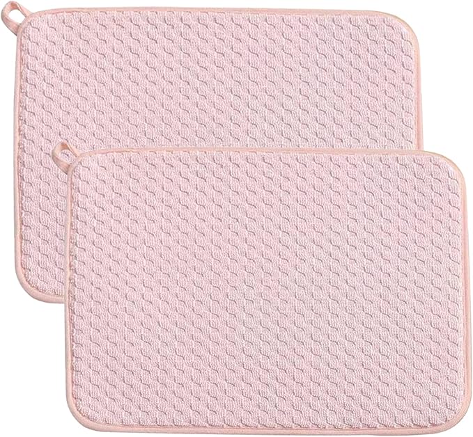 Pink Dish Drying Mats for Kitchen Counter, 2 Pack Dish Drying Mat Drying Pad