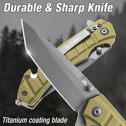 FLISSA Folding Pocket Knife, Tactical Knife with Liner Lock, Tanto Blade, Pocket Clip, Glass Breaker, Seatbelt Cutter, Perfect for Hunting, Camping, Survival (Coyote Brown)