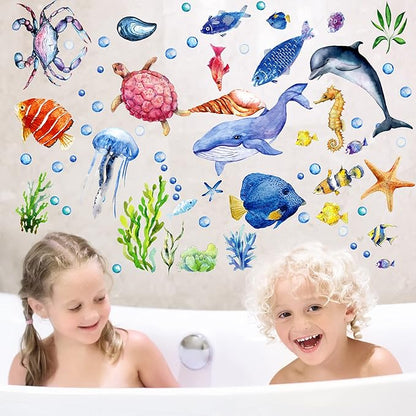 52 Pcs Ocean Fish Wall Decals Glow in The Dark Under The Sea Wall Decals Sea Animals Stickers Removable Waterproof Peel and Stick for Kids Bathroom Watercolor Ocean Decor(Cute Style)