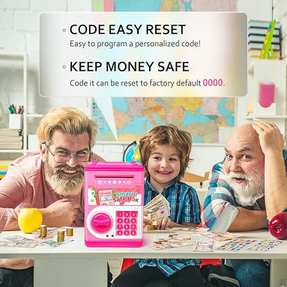 ATM Piggy Bank for Boys Girls, Vcertcpl Mini ATM Coin Bank Money Saving Box with Password Code, Kids Safe Money Jar for Real Money with Auto Grab Bill Slot, Great Gift Toy Bank for Kids (Pink)