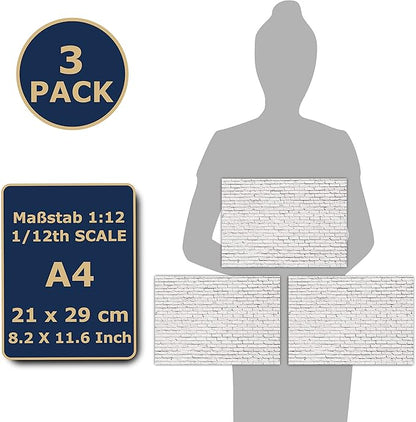 3 Sheets Self-Adhesive Wall Cladding for Dollhouse 1:12 Scale (Whitewashed Stone Wall)