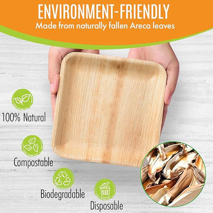 Raj Palm Leaf Plates Bulk [50-Pack] 10" & 7" Square Plates (200 CASES - 10,000 PACK) like Bamboo plates Disposable, Strong, Decorative Compostable Tableware for weddings, Lunch, Dinners