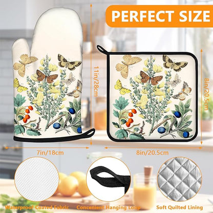 Wildflowers Butterfly Oven Mitts and Pot Holders Sets 4Pcs, Extra Long Oven