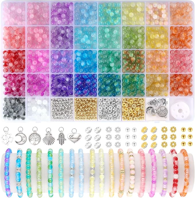 Funtopia 6mm Glass Beads Bracelet Making Kit, 1396pcs Gradient Glass Beads for Bracelets, 34 Colors Round Crystal Beads for Bracelets DIY Crafts with Spacer Beads and Charms