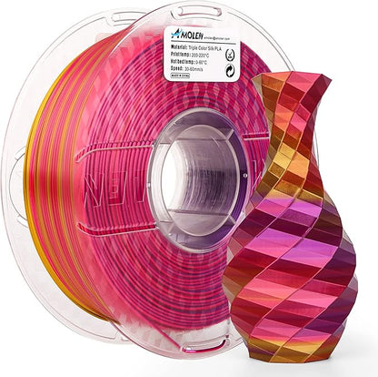 AMOLEN Silk PLA 3D Printer Filament, Triple Colors Coextrusion Purple Red Gold PLA 1.75mm, Shiny Color Change Filament 3D Printing PLA Filament for Most FDM 3D Printer, 1kg Spool(2.2lbs)