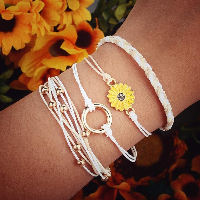FANCY SHINY Sunflower String Bracelet Boho Braided Rope Wrap Bracelets Cute Summer Beach Surfer Jewelry for Women Christmas Gifts