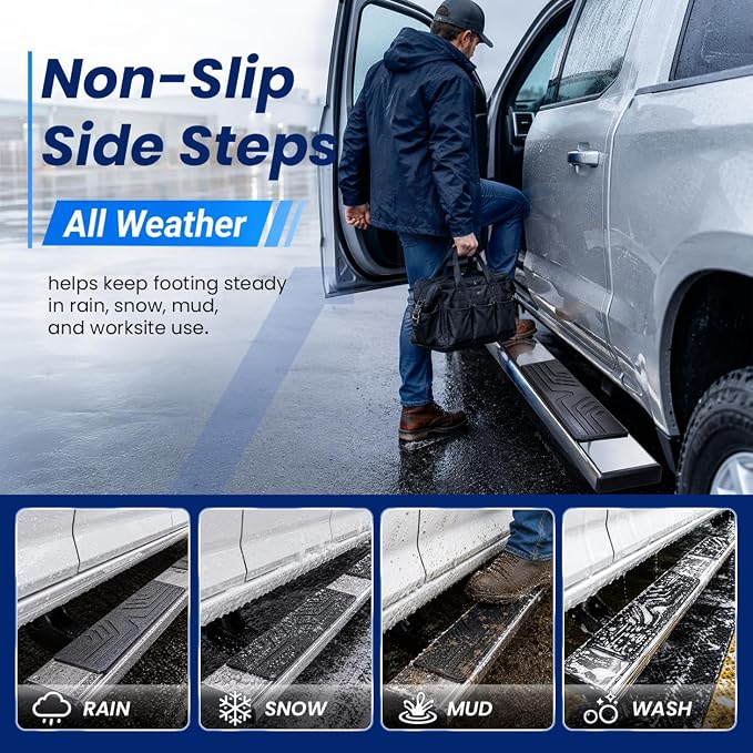 PZ 6.5" Rustproof Running Boards Side Steps Compatible with Chevy Silverado/GMC Sierra 1500 Crew Cab 2019-2026, 2020-2026 2500HD 3500HD,500 lbs Mirror Stainless Steel Side Step Nerf Bar Ridge Pattern