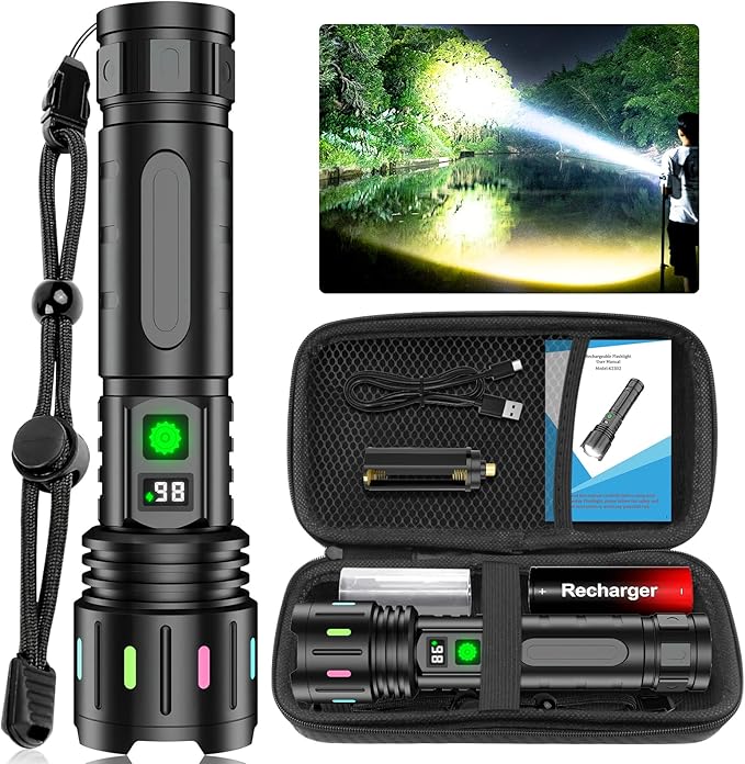 Flashlights High Lumens Rechargeable, Super Bright LED Powerful Flashlight, Type-C, 5 Modes, Zoomable, IPX5 Waterproof High Powered Tactical Flash Light for Camping (Multi-Colored)