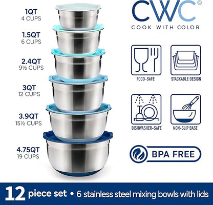 COOK WITH COLOR Stainless Steel Mixing Bowls Set with Lids - Nesting Bowls with Non-Slip Bottom, Blue, 12 Pieces