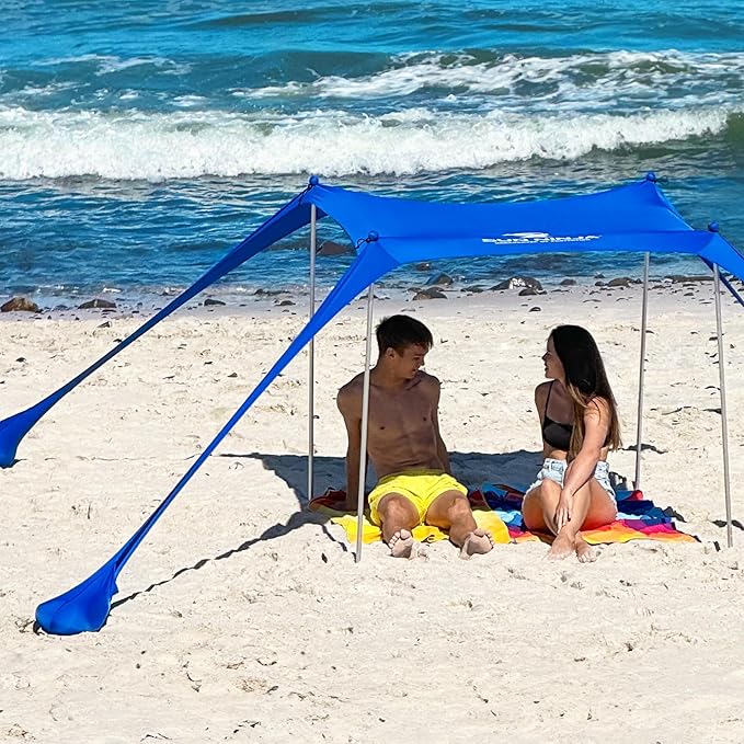SUN NINJA Beach Tent Sun Shelter UPF50+ - Easy Pop Up Beach Canopy - Outdoor Shade for Camping Trips, Fishing, Backyard Fun Picnics - Sand Shovel, Ground Pegs & Stability Poles