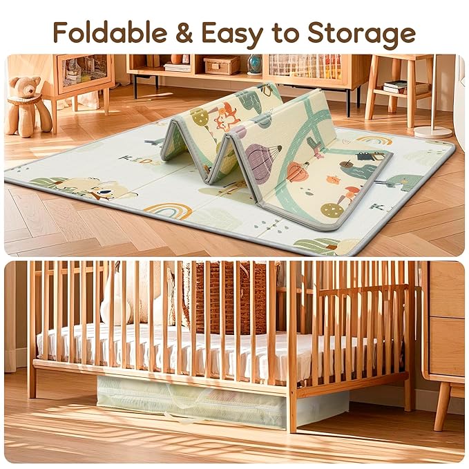 Foldable Baby Play Mat, PIGLOG 50x50 Playpen Mat, Waterproof Playmats for Babies and Toddlers Kids, Safe Foam Playmat for Tummy Time, Reversible Portable Baby Floor Mat for Infant, Giraffe + Elephant