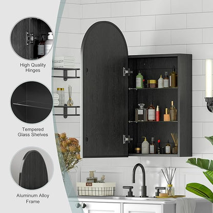Arched Medicine Cabinet with Mirror, Brushed Black Wall Mounted Bathroom Mirror