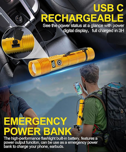 Rechargeable Flashlight High Lumens- Super Bright Magnetic Flash Light with Power Digital Display,3280Ft Long Range,Dimmable,Waterproof,Pocket Tactical LED Flashlights for Emergency,Gold 1PC