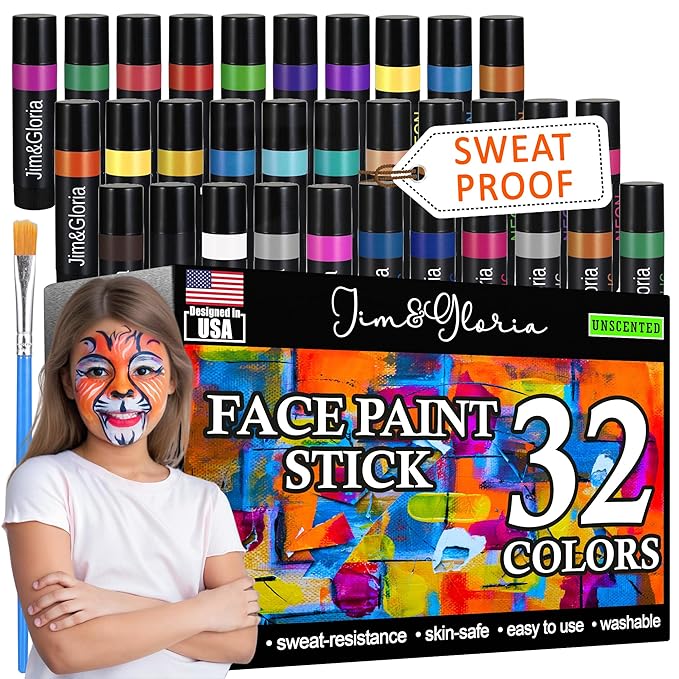 Jim&Gloria Face Paint Kit Bulk 32 Professional Face Painting Kit for Kids Party, Metallic, Neon, Classic Facepaint Crayons, Washable Body Paint Adults, Halloween Makeup, Boys Girls Gifts Crafts Toys