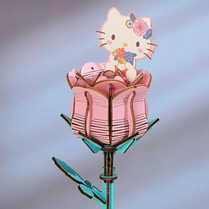 Hands Craft Hello Kitty and Friends Pink Rose 3D Wooden Puzzle Kit | DIY Flower Model | Arts & Crafts for Adults & Kids | Creative Hobby Kits | Hello Kitty Collectible | Wood Building Set