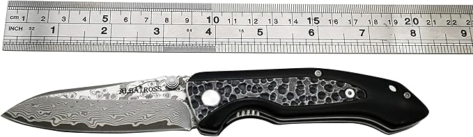 ALBATROSS Premium EDC Pocket Folding Knife with 3.5" Damascus Steel Blade & Ebony Wood Handle, Camping Hunting Knife with Clip, Gift for Men - HGDK011