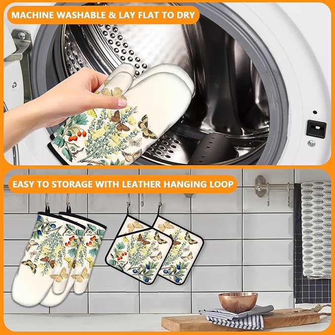 Wildflowers Butterfly Oven Mitts and Pot Holders Sets 4Pcs, Extra Long Oven