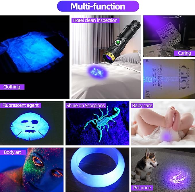 DARKDAWN UV 395nm Light Flashlight USB Rechargeable Ultraviolet LED Woods Lamp Portable Blacklight for cat Urine Detection Dry Stains, Uranium Glass, Resin Curing, D300 395 nm