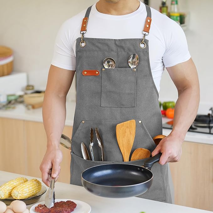 Aoomzoon Canvas Aprons for Men Chef Apron, Work Apron - 16oz Heavy Duty Cross