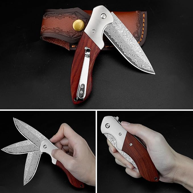 KOMWERO Damascus Pocket Knife, Sharp Damascus Steel Knife with Core VG10 Steel Blade Wood Handle, Folding Knife with Clip for Men Hunting, 60 HRC