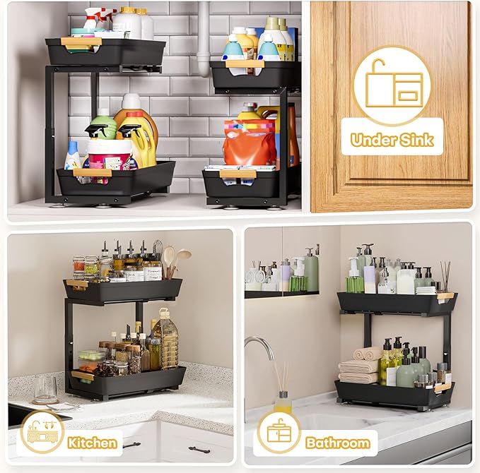 Homde 2-Tier Under Sink Organizer: 2pcs Set Adjustable Pull Out Drawer