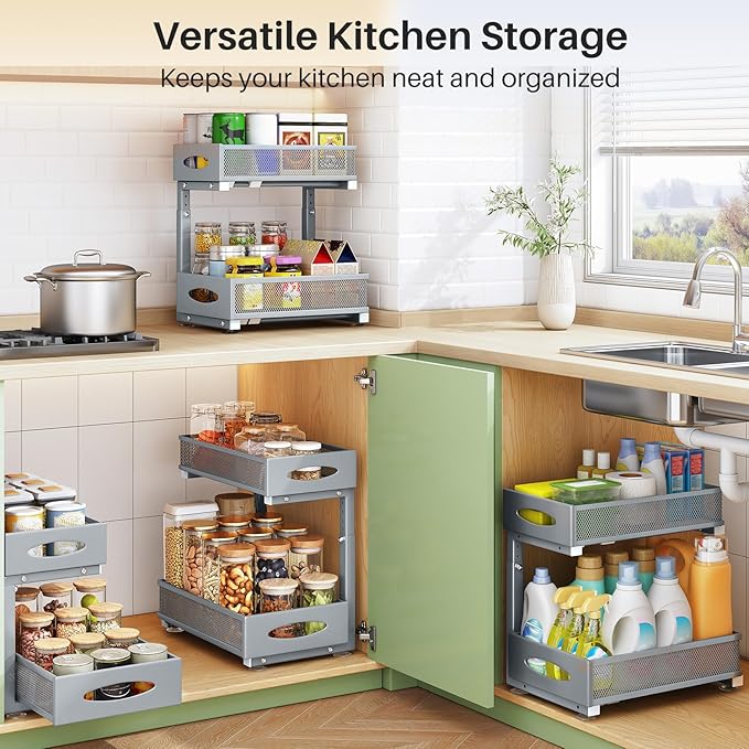 1 Pack Under Sink Organizer, 2 Tier Pull out Cabinet Organizer Mesh Baskets