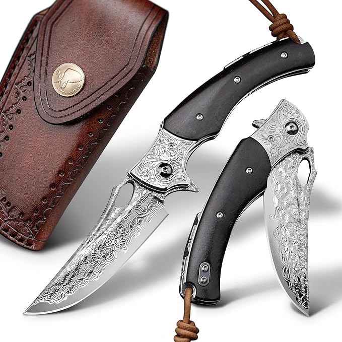 3.5 inch Japanese VG10 Damascus Steel Outdoor Folding Knife with Black Wood Handle, Lined Lock, EDC & Camping Use