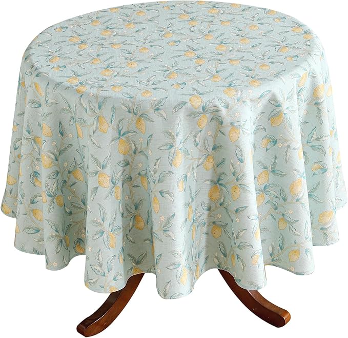 patdrea Designer Linen Vintage Green Tablecloth for Round Table,Durable Fruits Pattern Yellow Tablecloths,Fall Decor Table Cover for Kitchen Dining Christmas,Thanksgiving,Diameter 55"-Ania a