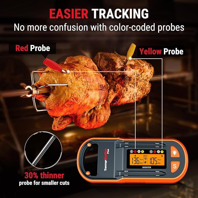 ThermoPro TempSpike Wireless Meat Thermometer with 2 Ultra-Thin Meats Probes, Bluetooth Meat Thermometer with Stand-Alone LCD Booster for BBQ, Oven, Grill, Kitchen, Smoker, Rotisserie, Red and Yellow