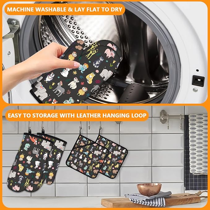 Cute Animals Oven Mitts and Pot Holders Sets 4Pcs, Extra Long Oven Gloves