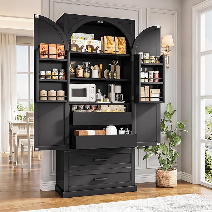 iPormis 71" Tall Kitchen Pantry Storage Cabinet w/Adjustable Shelf, Large Drawers & Door Shelves, Freestanding Kitchen Cupboard for Dining Room/Living Room, Black