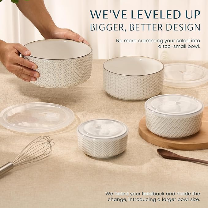 KooK Serving Bowls, with Lids, Ceramic Nesting Bowls, Microwave and Dishwasher