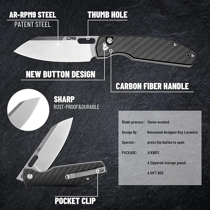 CJRB CUTLERY Pocket Knife Ekko(1929) Folding Knife for Men AR-RPM9 Steel Blade and Black Carbon Fiber Handle for Work Outdoor Hinking Camping