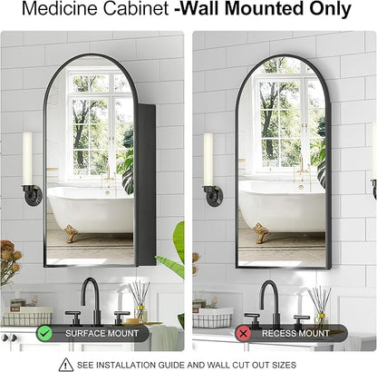 Arched Medicine Cabinet with Mirror, Brushed Black Wall Mounted Bathroom Mirror
