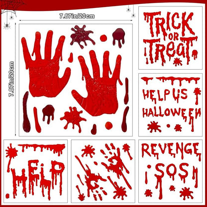 6 Sheets Halloween Window Clings Gel, Reusable Blood Window Clings Gel, Scary Decorations, Help Us, Revenge SOS, Trick or Treat, Bloody Halloween Decorations